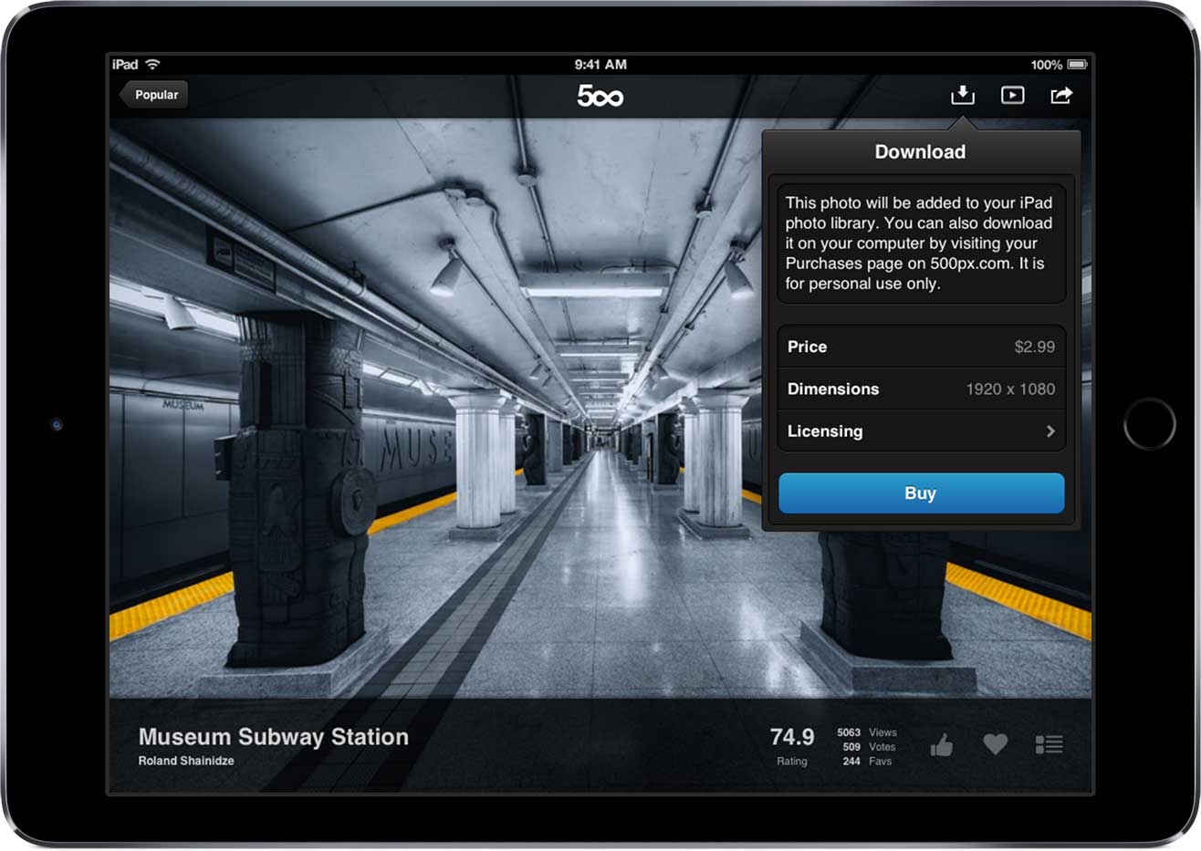 Screenshot of the 500px iPad app
